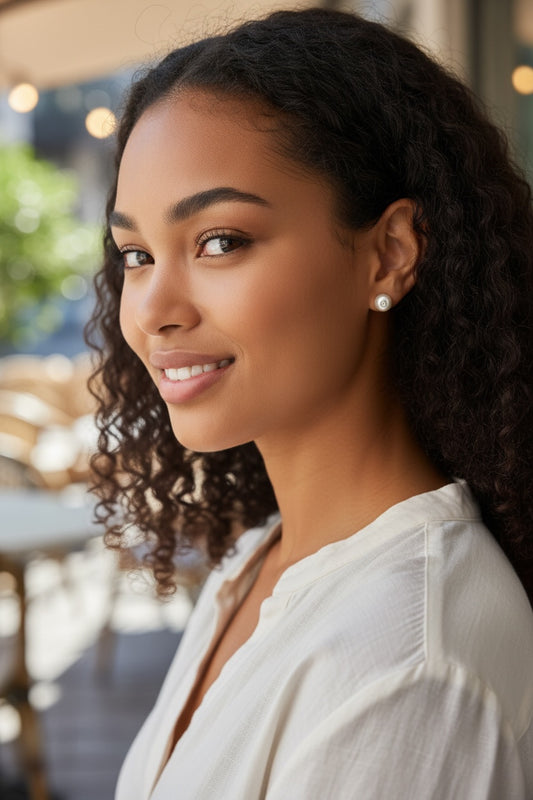 Pearl with Stone Accent Center Stud Earring-8mm