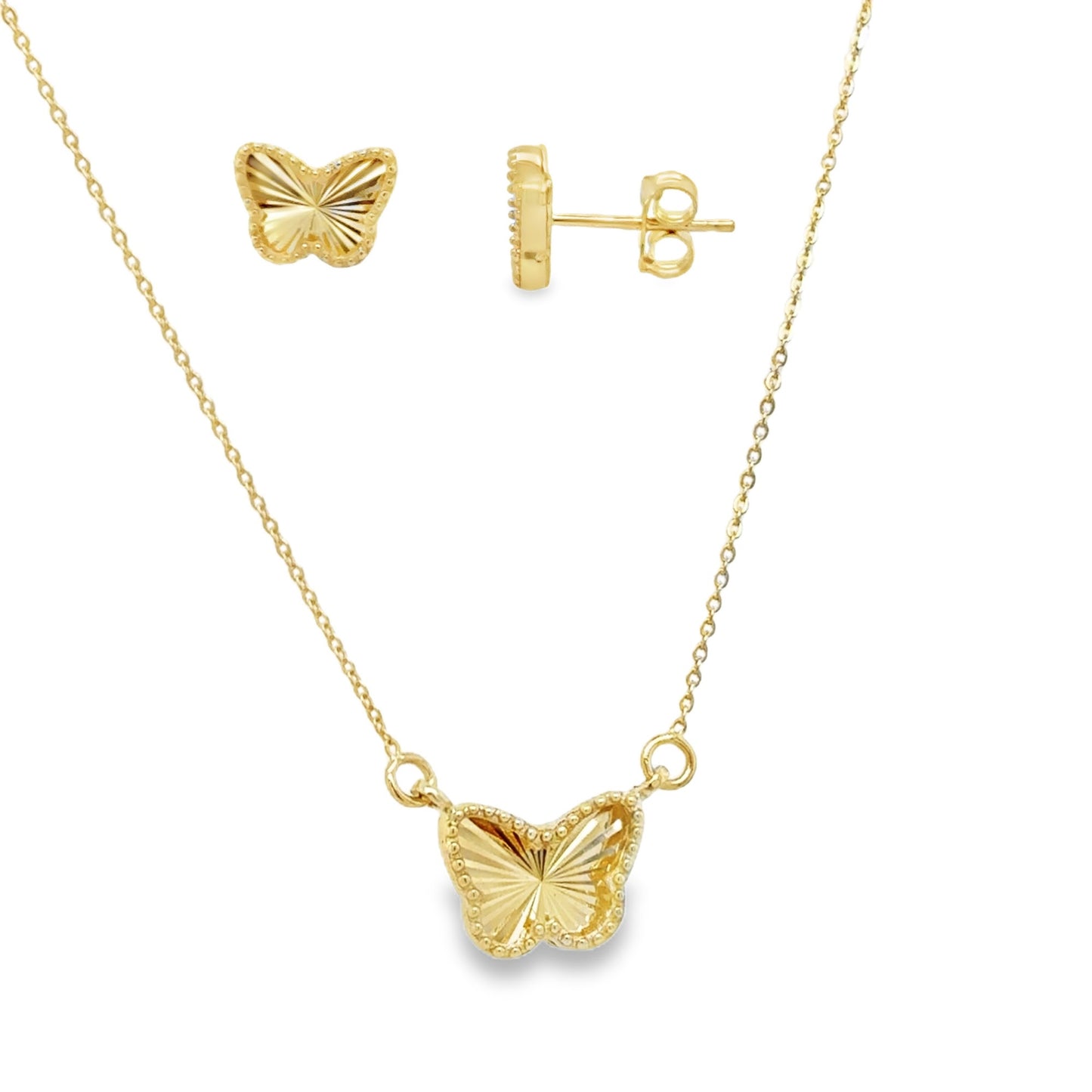 Radiant Gold Beaded Butterfly Earrings and Necklace Gift Jewelry Set 14K Yellow Gold