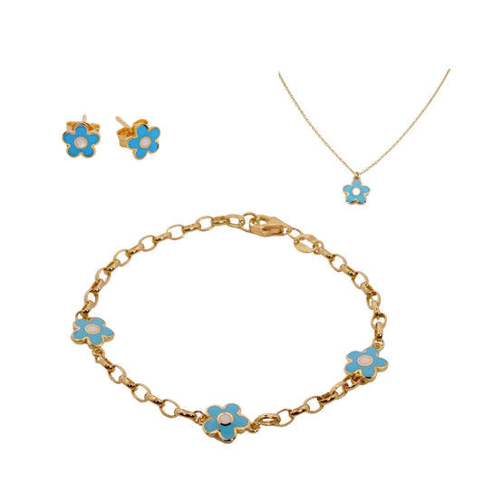 Blue Enamel Daisy Flower Kids Gift Set 14K Gold