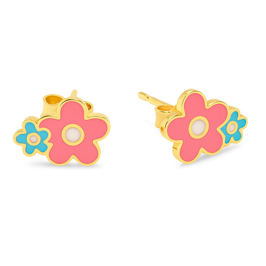Blue Pink Enamel Flower Duo Stud Earrings