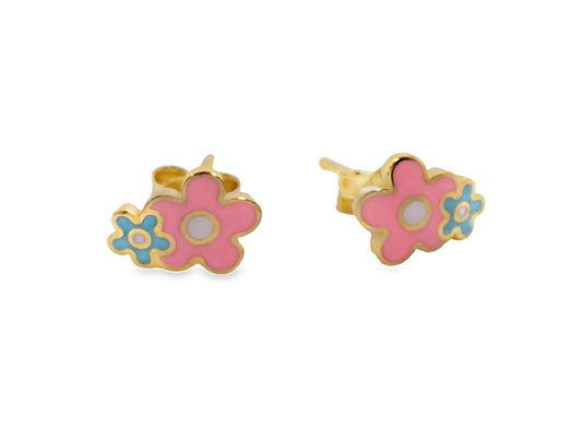 Blue Pink Enamel Flower Duo Stud Earrings