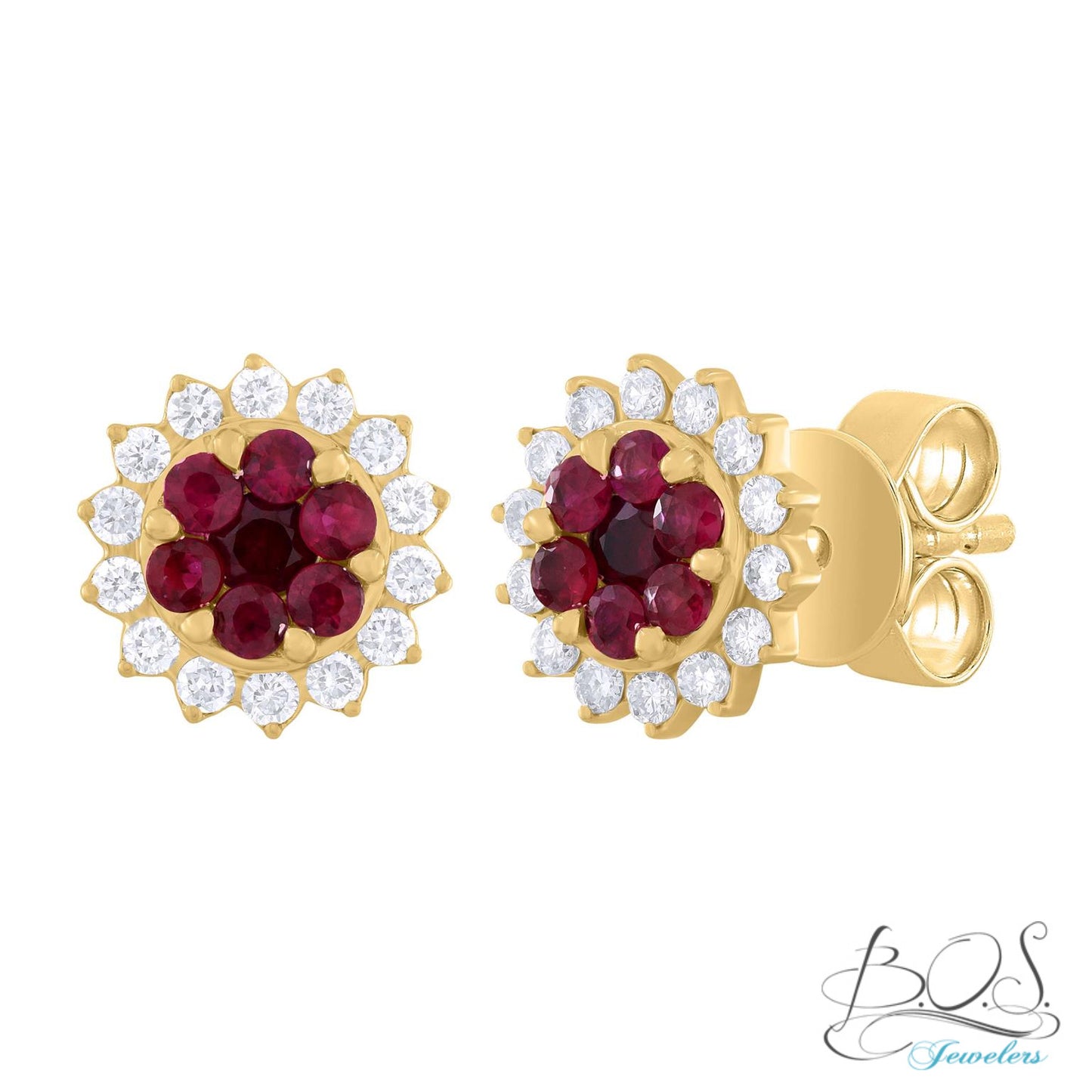 14K Gold Diamond Flower with Color Stone Earrings.