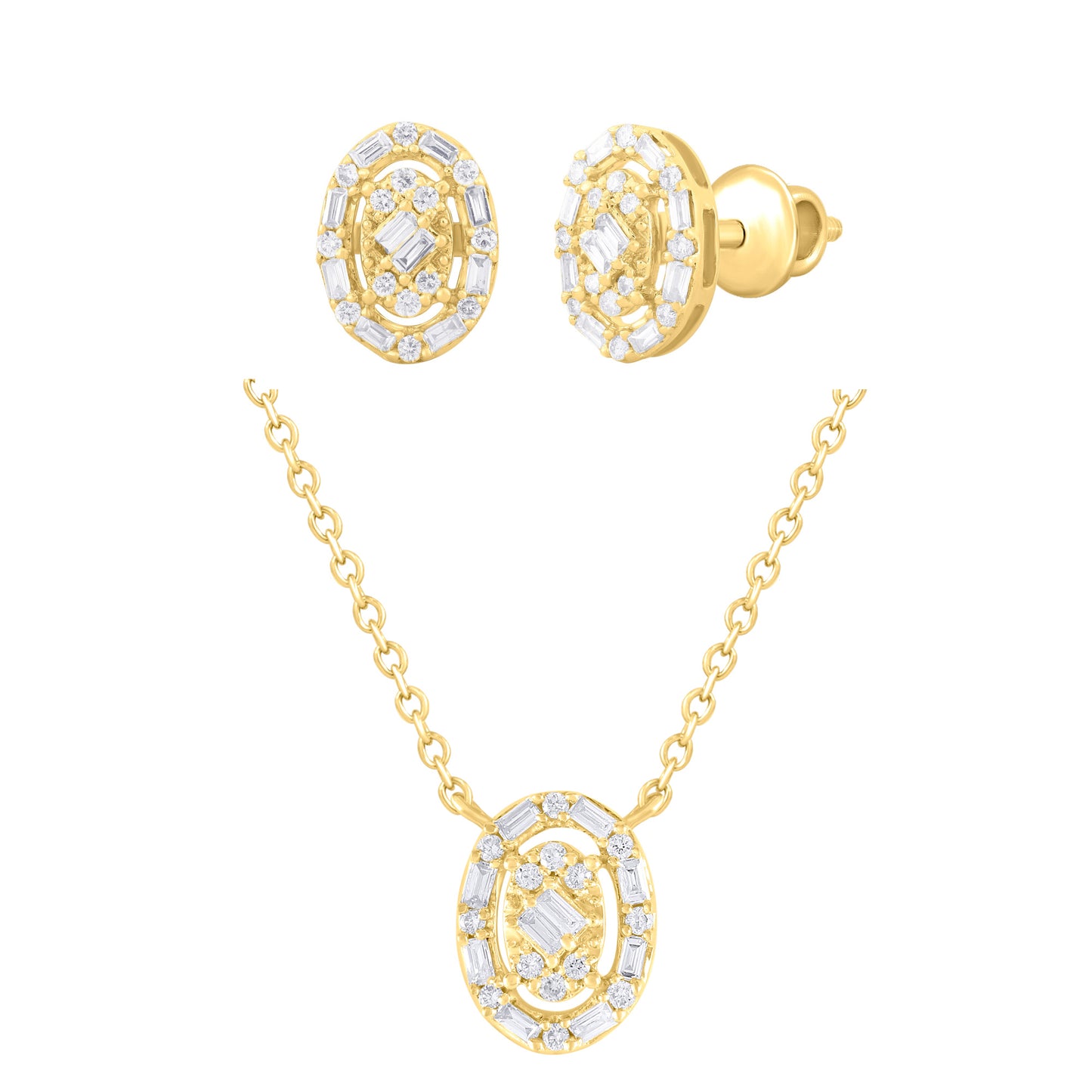 14K Yellow Gold Oval Diamond Baguette Cluster Earring and Necklace Jewelry Set
