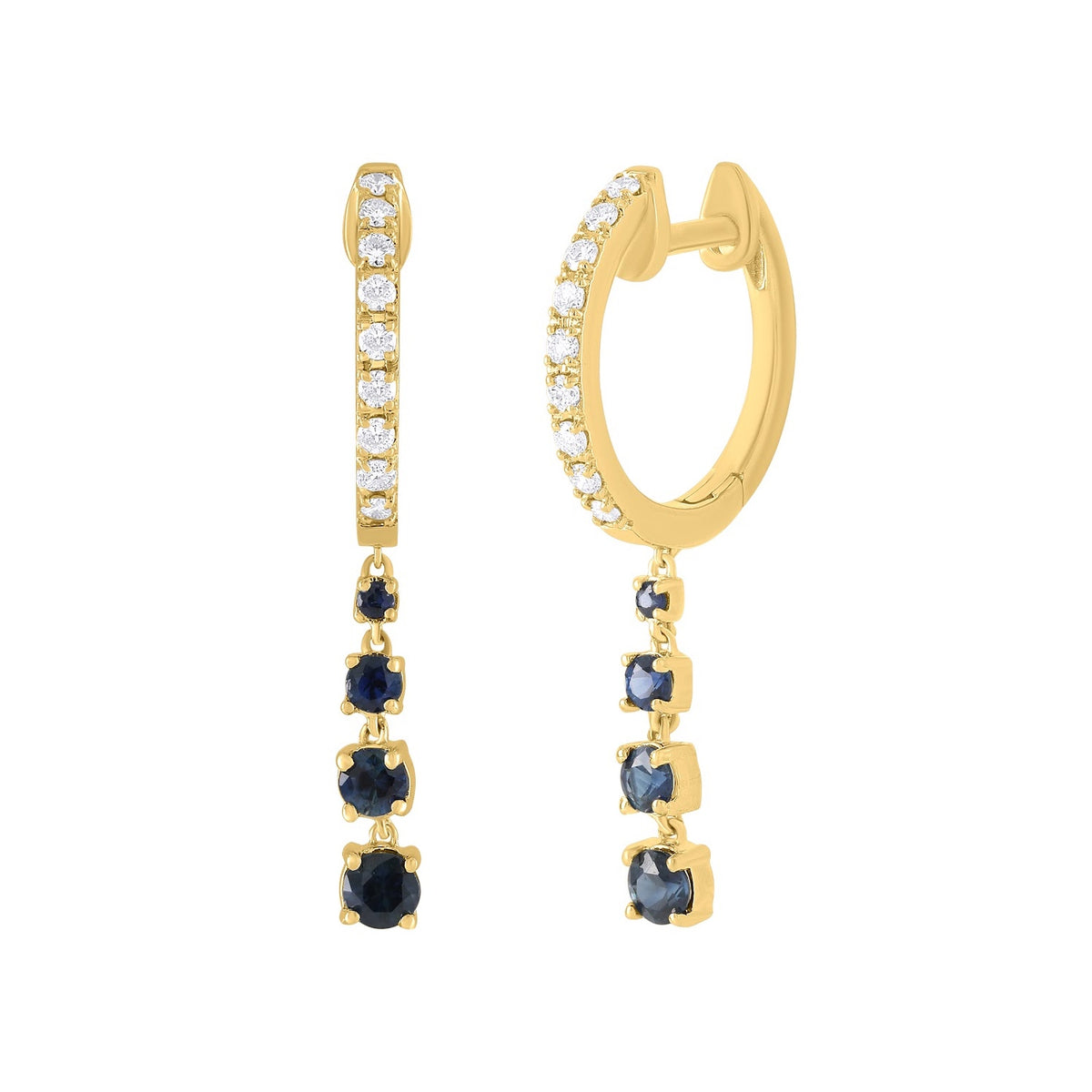 14K Gold Diamond huggie hoop  earrings with blue sapphire gemstones on a white background
