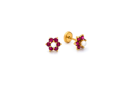 14K Gold Color Stone Flower with Pearl Earring