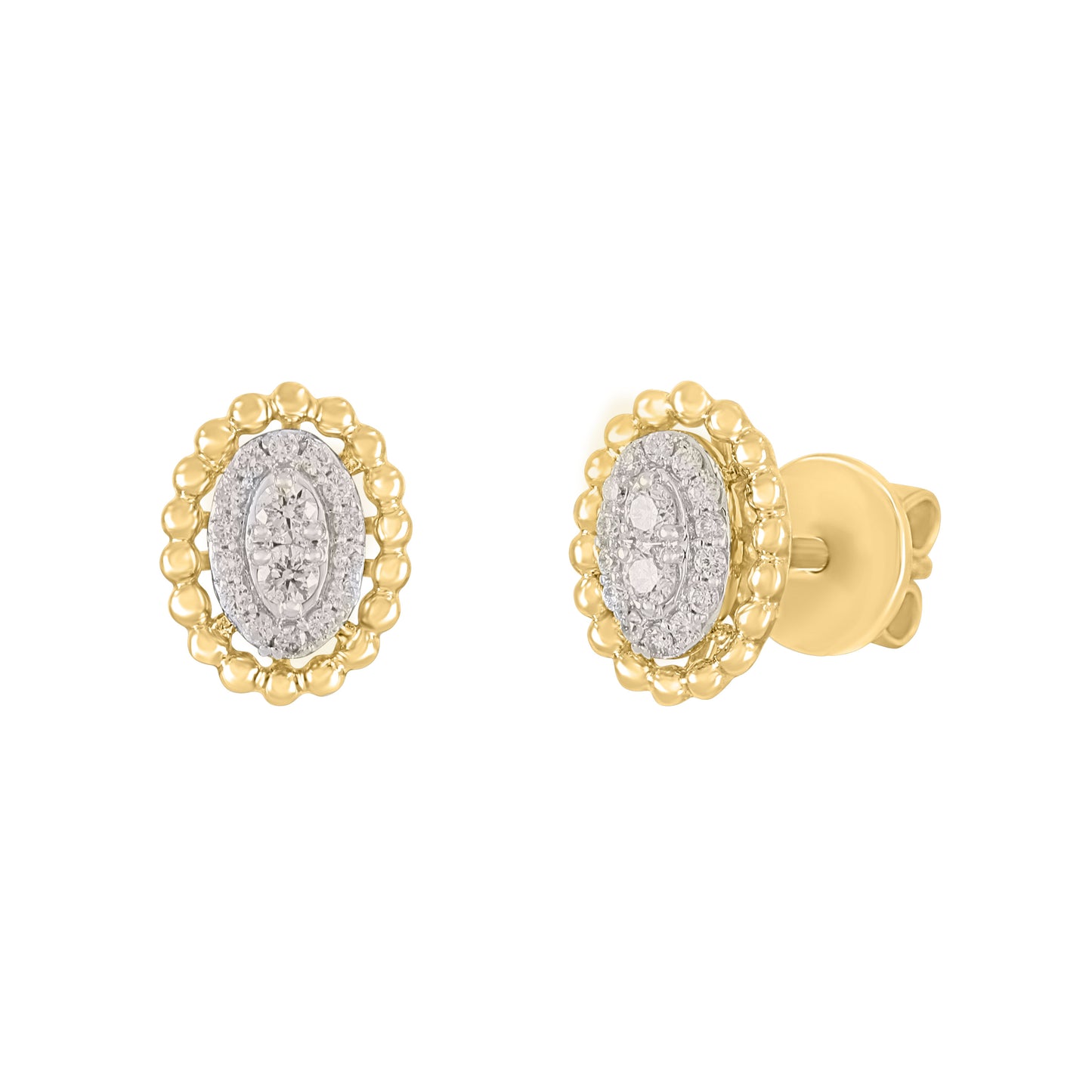 14K Gold Oval Bead Earrings  with Cluster Diamonds