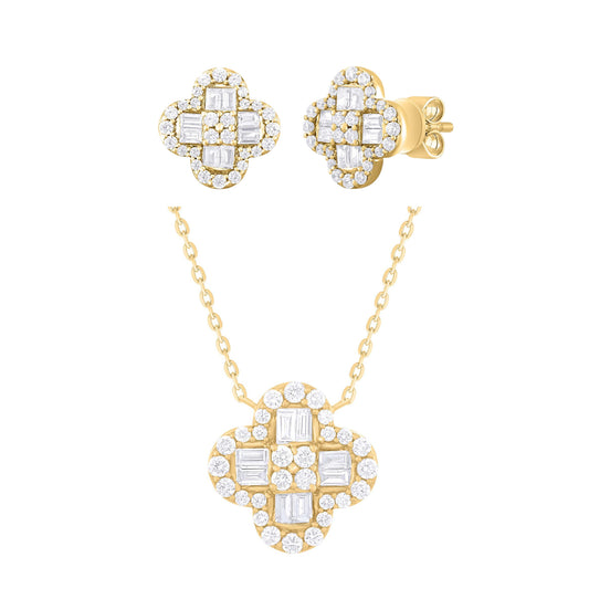 14K Yellow Gold Diamond Clover Jewelry Set Necklace And Stud Earrings