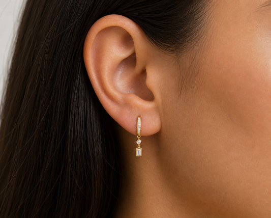 Mini Pave Diamond Huggies with Dangling Baguette and Round Diamonds