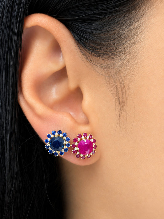 Classic Halo Color Stone and Diamond Cluster Earrings