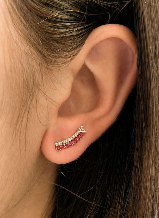 Double Row Color Stone And Diamond Crawler Earrings