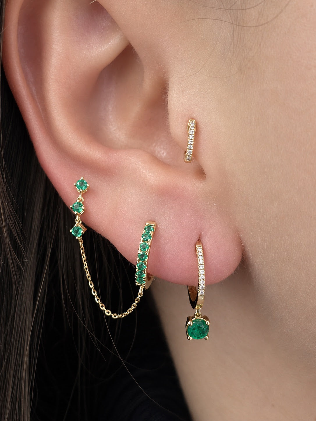 Color Stone Huggie and Stud Chain Earrings