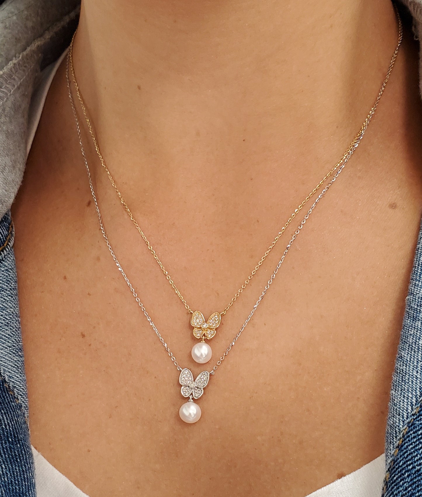 Diamond Butterfly Pearl Necklace