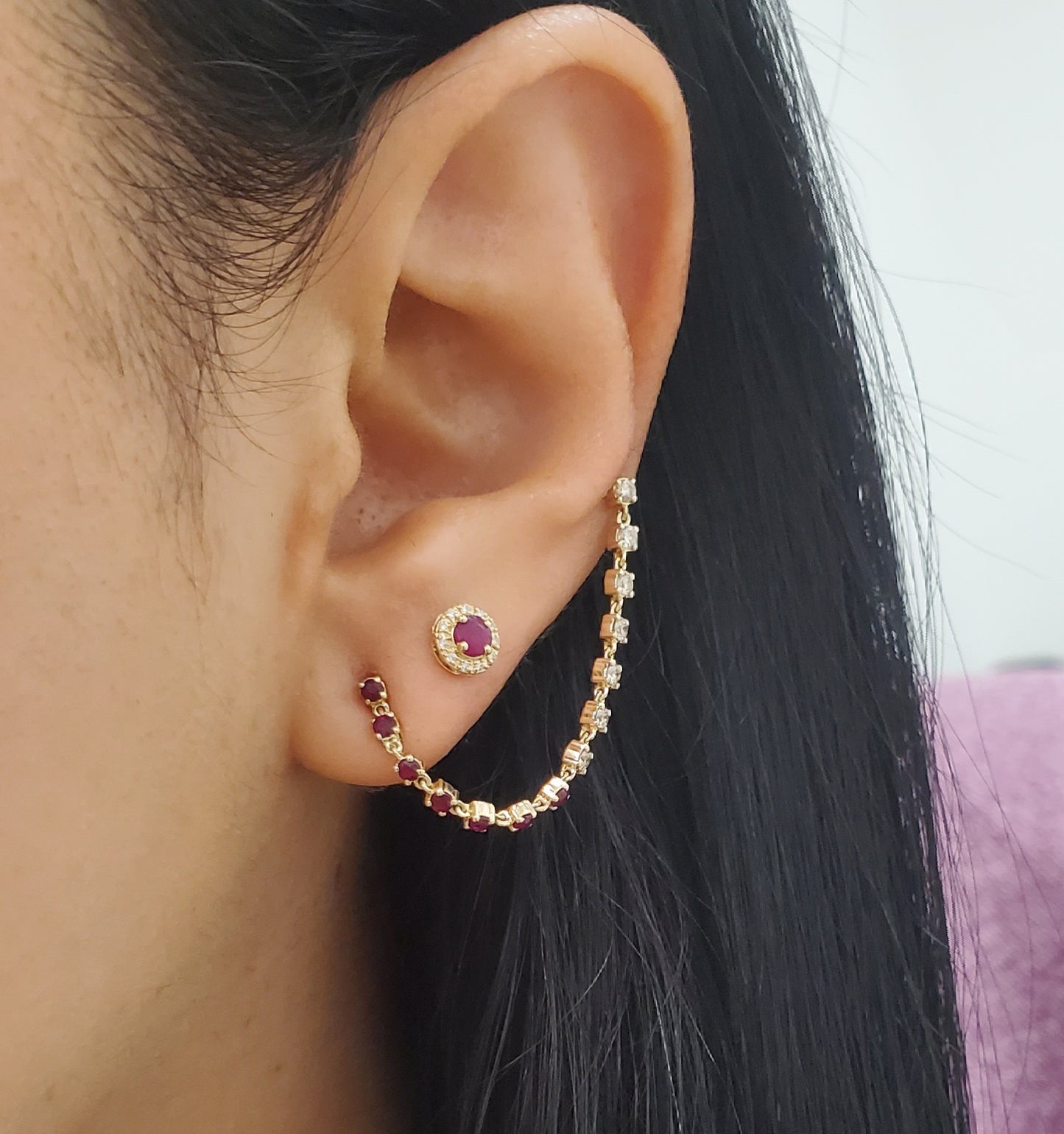 Single Chain Half Color Stone And Diamond Connector Dangle Earring