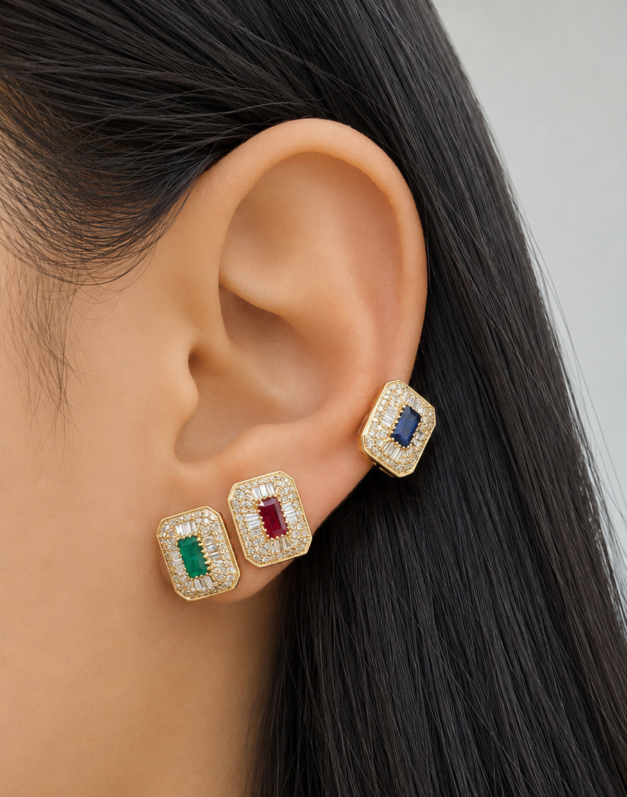 Opulent Mosaic Diamond Halo Step Cut Rectangular Color Stone Earrings