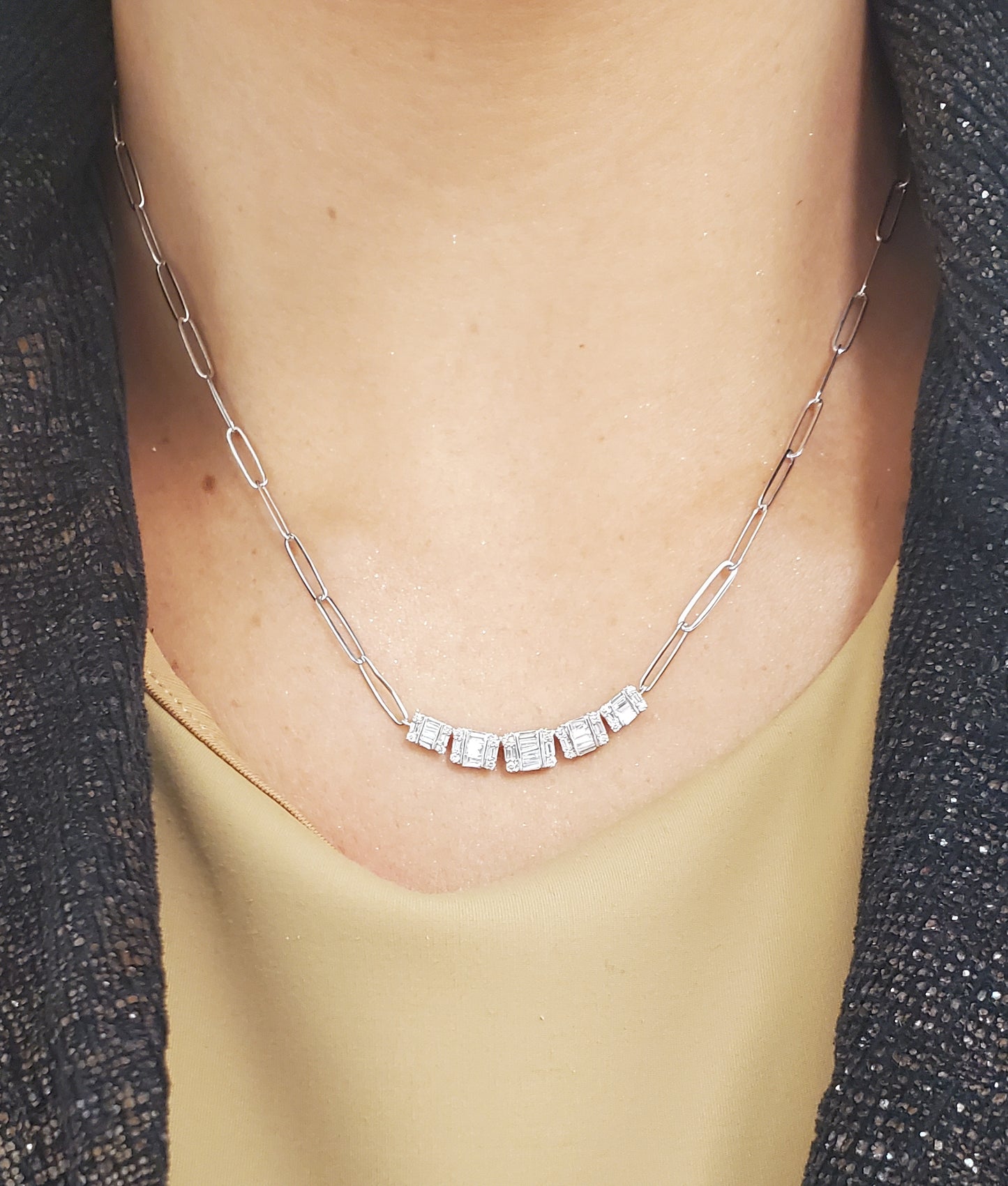 Diamond Baguette Curved Bar on Paperclip Necklace