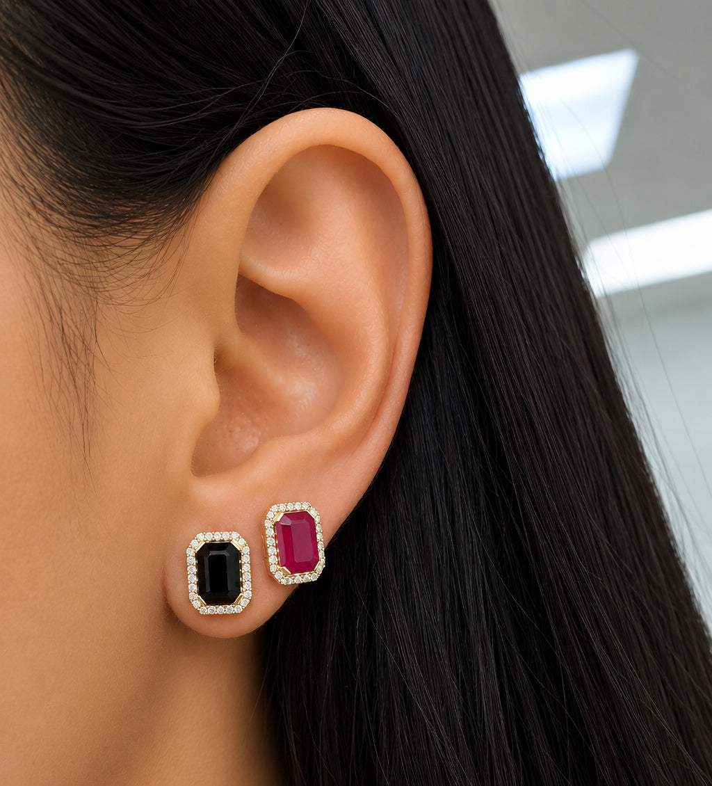 Emerald-Cut Color Stone Diamond Halo Earrings