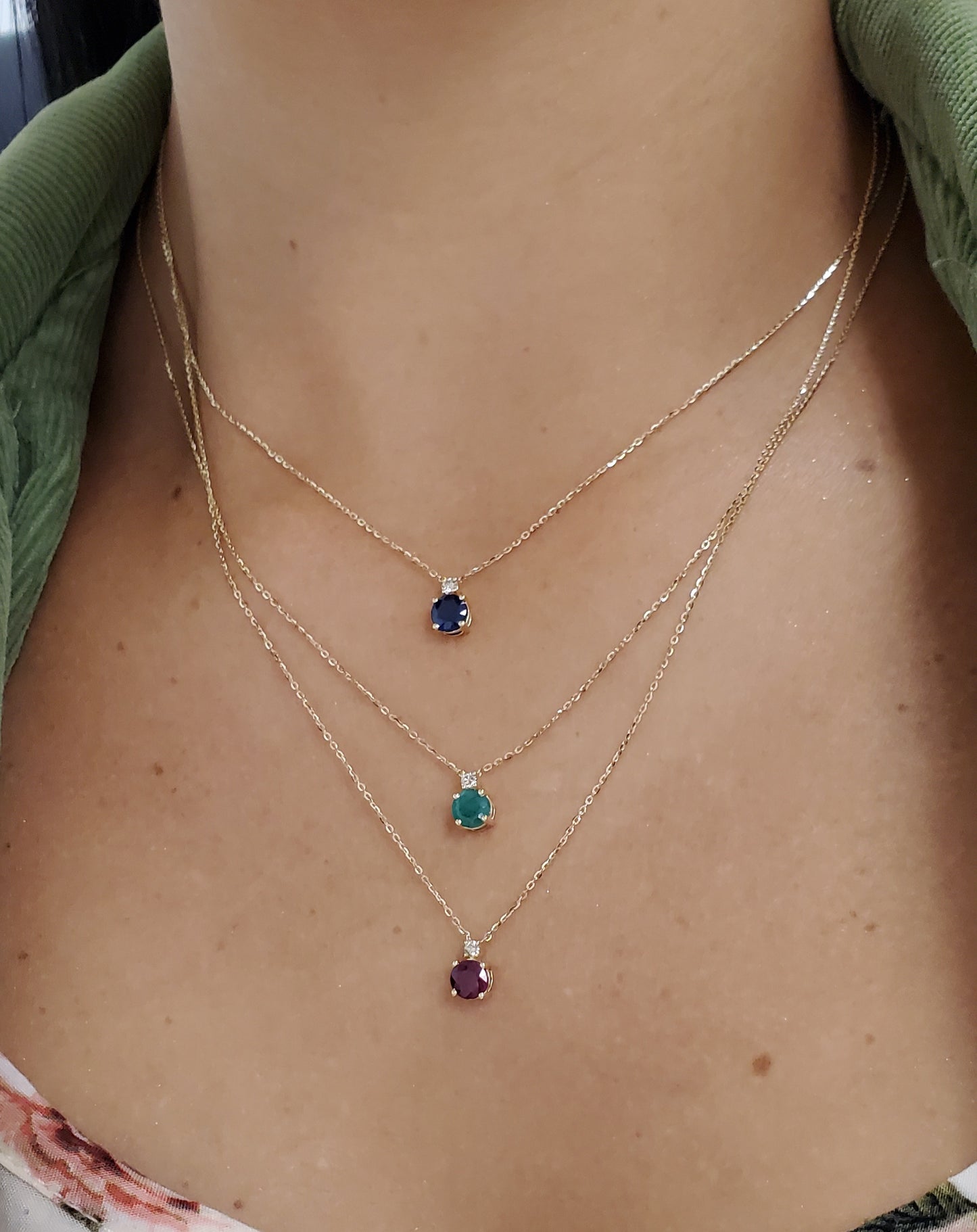 Classic Single Round Color Stone And Diamond Accent Necklace