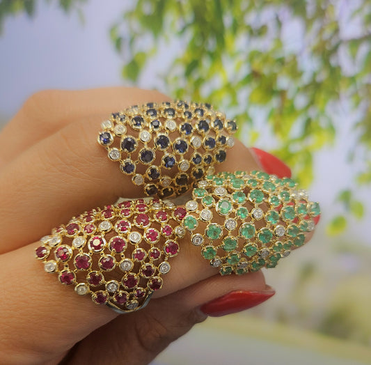 Exquisite Lattice Design Color Stone & Diamond Dome Ring