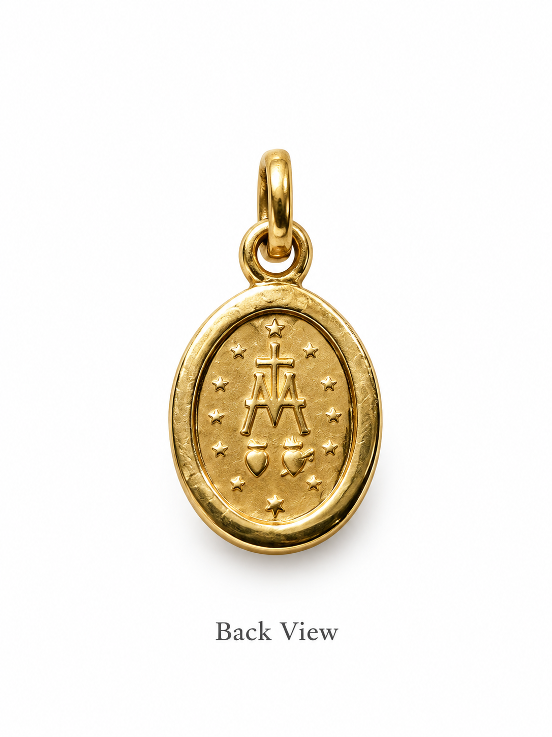 A gold oval pendant charm with a religious Miraculous medal symbolism and stars, shown from the back on a white background with the text 'Back View' below.
