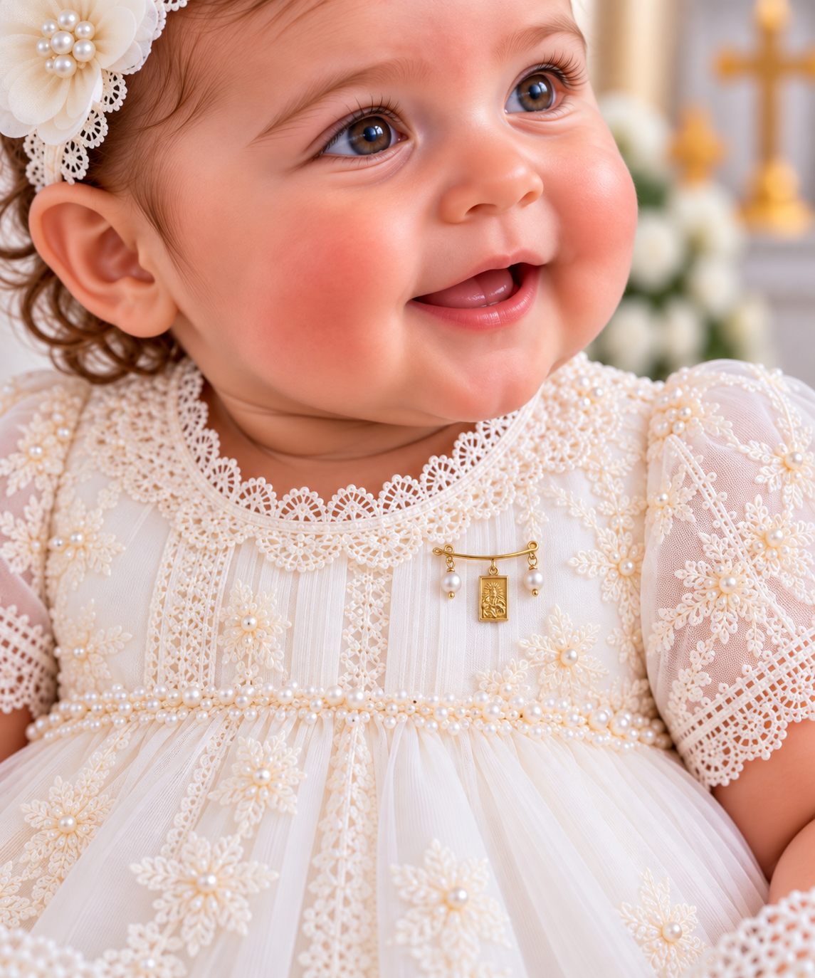Scapular Baby Pin With Pearl Dangles