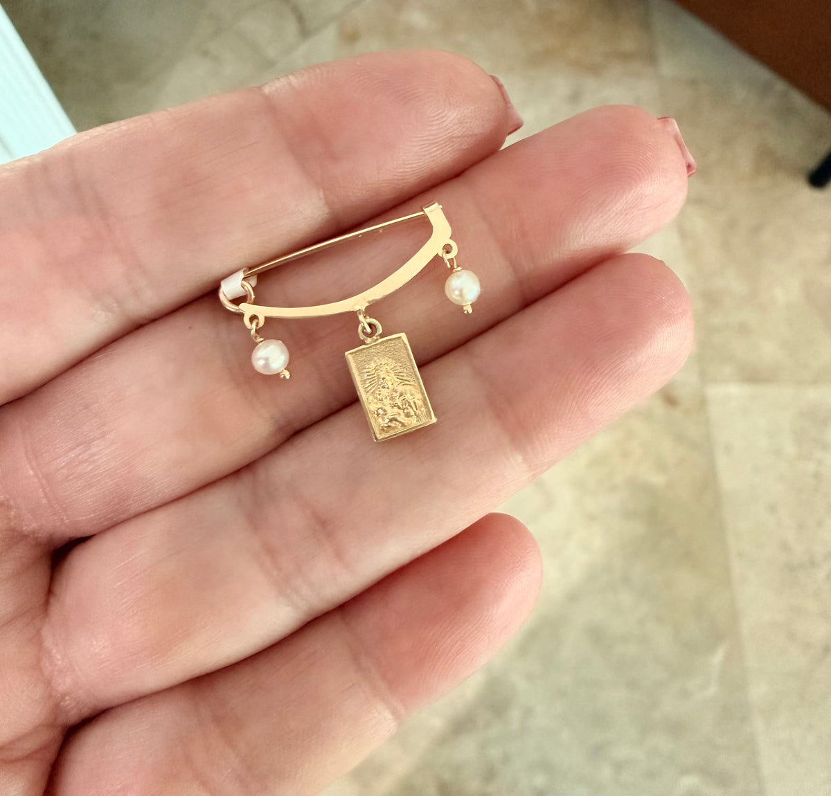 Scapular Baby Pin With Pearl Dangles