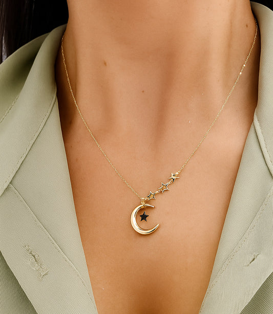 Crescent Moon Pendant with Star Accents Necklace