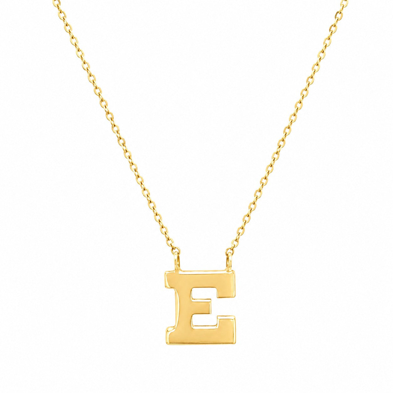A 14 karat gold necklace with an engraved letter 'E' on a chain.
