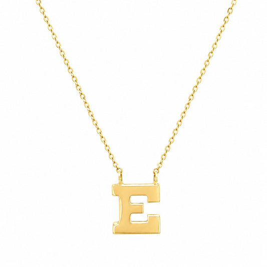 A 14 karat gold necklace with an engraved letter 'E' on a chain.
