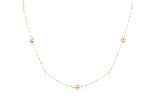 14K Multi Enamel Flower and Pearls Necklace