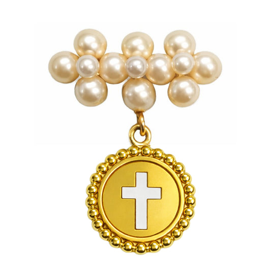 Pearl Cluster Baby Pin with Beaded Border Gold Cross Medal