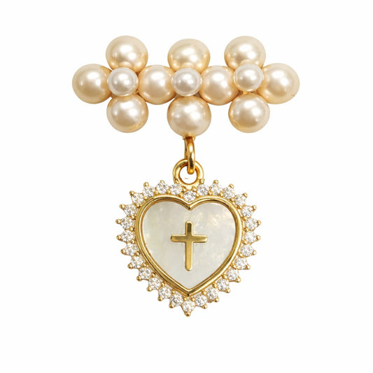 Pearl Cluster Baby Pin with Cubic Zirconia Mother of Pearl Heart Cross Medal
