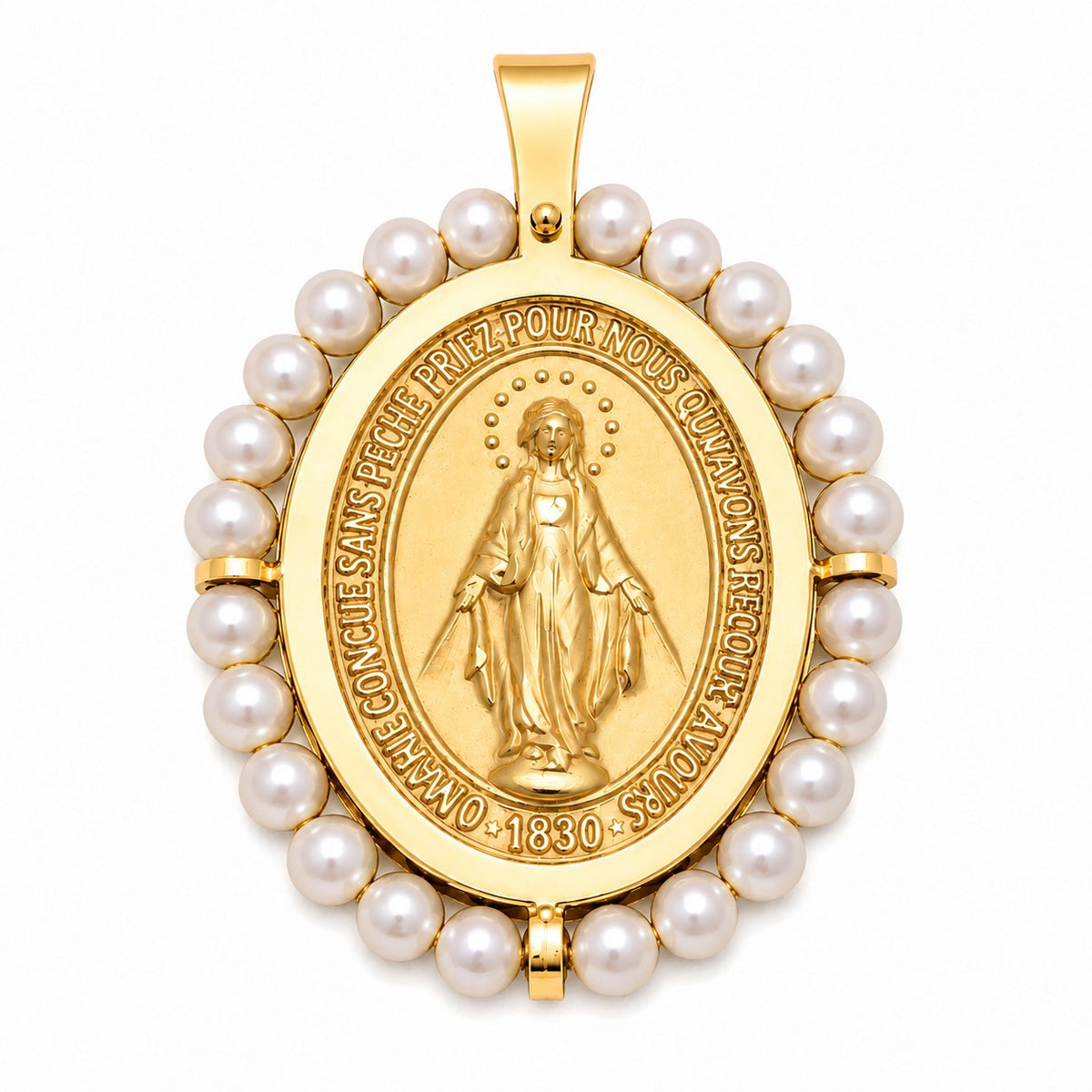 14K Gold Oval Miraculous Medal Pendant with Pearl Border