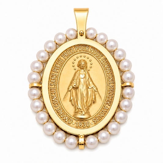 14K Gold Oval Miraculous Medal Pendant with Pearl Border