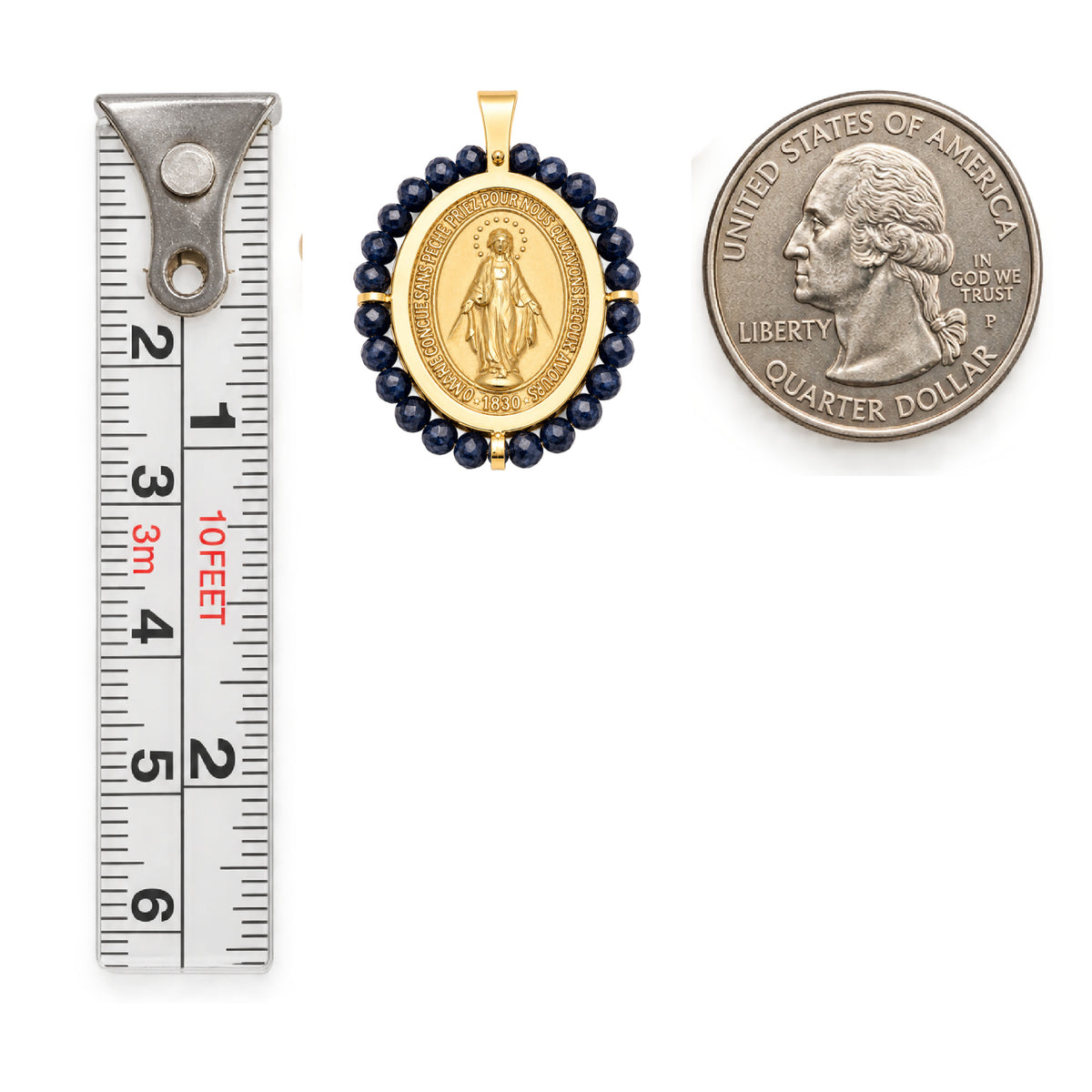 14K Gold Miraculous Medal with Natural Ruby or Sapphire Beads