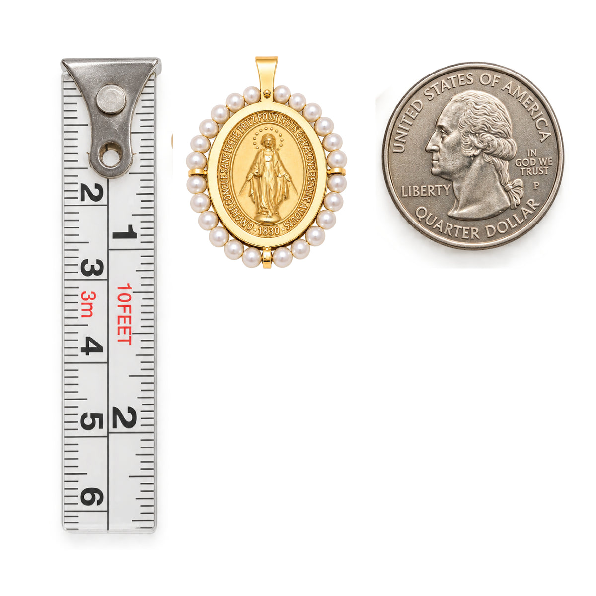 14K Gold Oval Miraculous Medal Pendant with Pearl Border