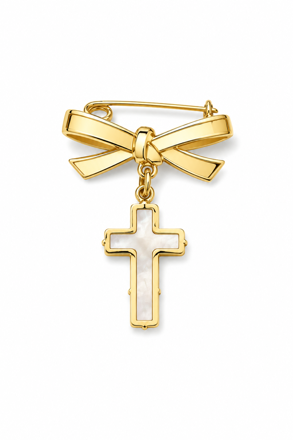 14K Yellow Gold Bow Baby Pin with 12mm Mother of Pearl Cross Dangle