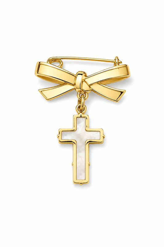 14K Yellow Gold Bow Baby Pin with 12mm Mother of Pearl Cross Dangle