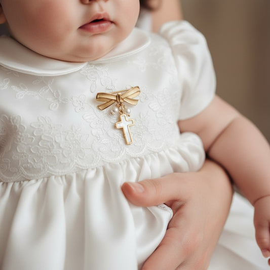 14K Yellow Gold Bow Baby Pin with 12mm Mother of Pearl Cross Dangle