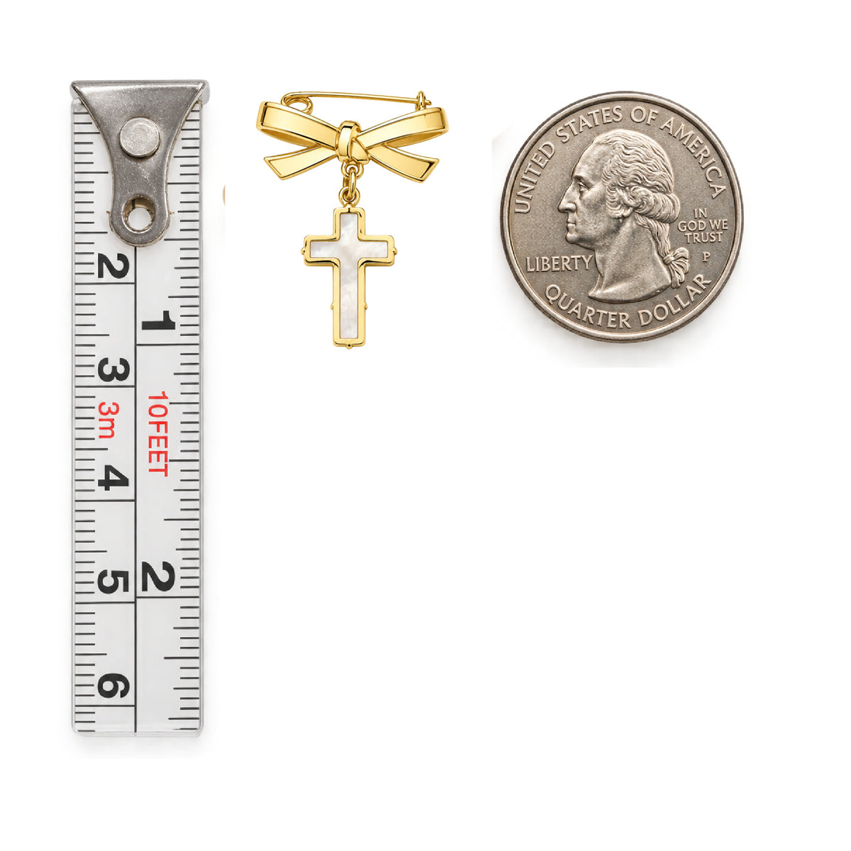 14K Yellow Gold Bow Baby Pin with 12mm Mother of Pearl Cross Dangle