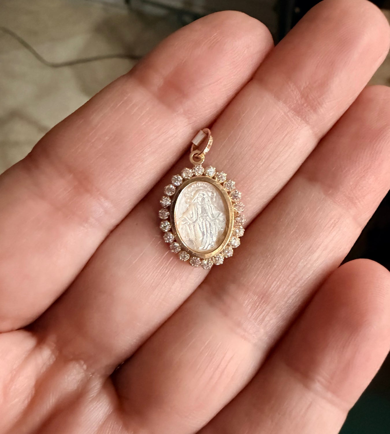 Small Mother of Pearl Miraculous Medal with CZ Frame