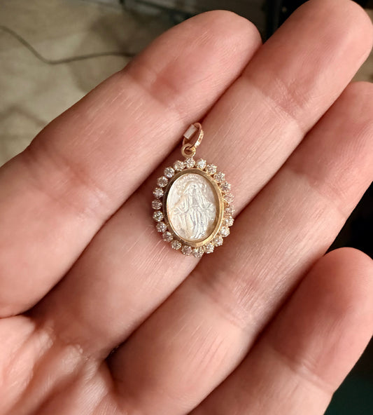 Small Mother of Pearl Miraculous Medal with CZ Frame