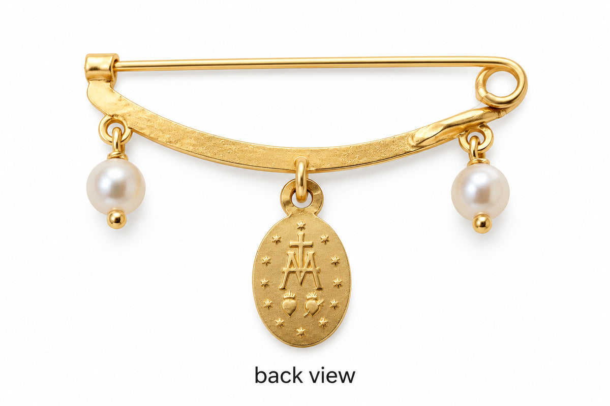 14K Yellow Gold Miraculous Medal and Pearl Baby Pin