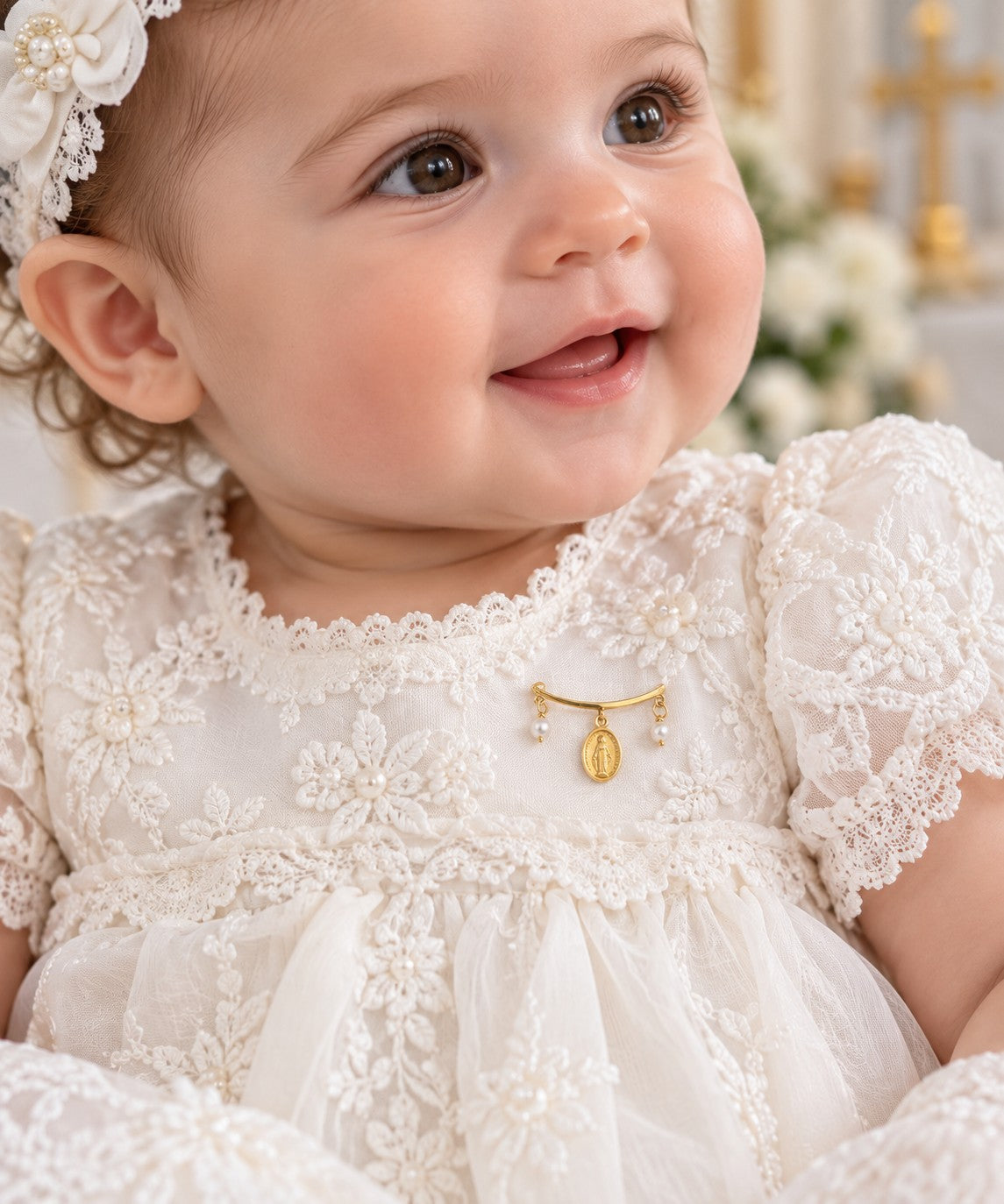 A close-up of a smiling baby wearing a white lace Baptismal Gown dress with a small gold Miraculous Medal baby pin at the chest, along with a matching floral headband.