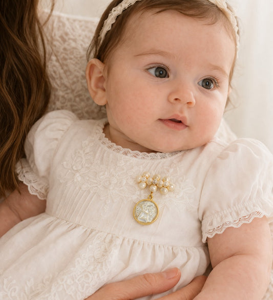 Pearl Bar Cluster Mother of Pearl Cherubim Angel Medal Baby Pin