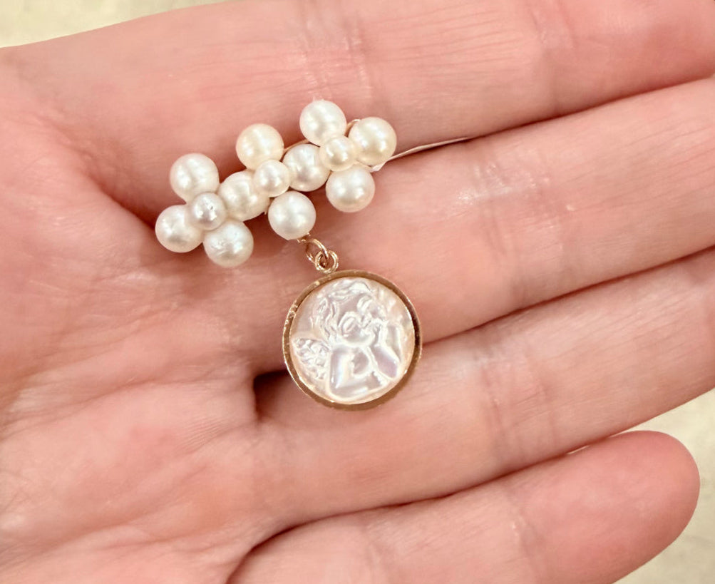 Pearl Bar Cluster Mother of Pearl Cherubim Angel Medal Baby Pin