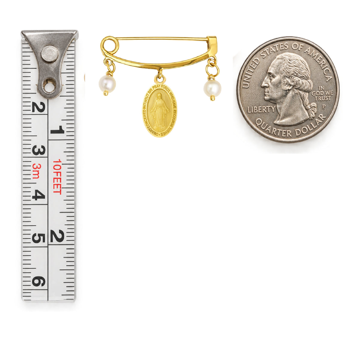 14K Yellow Gold Small Miraculous Medal and Pearl Baby Pin