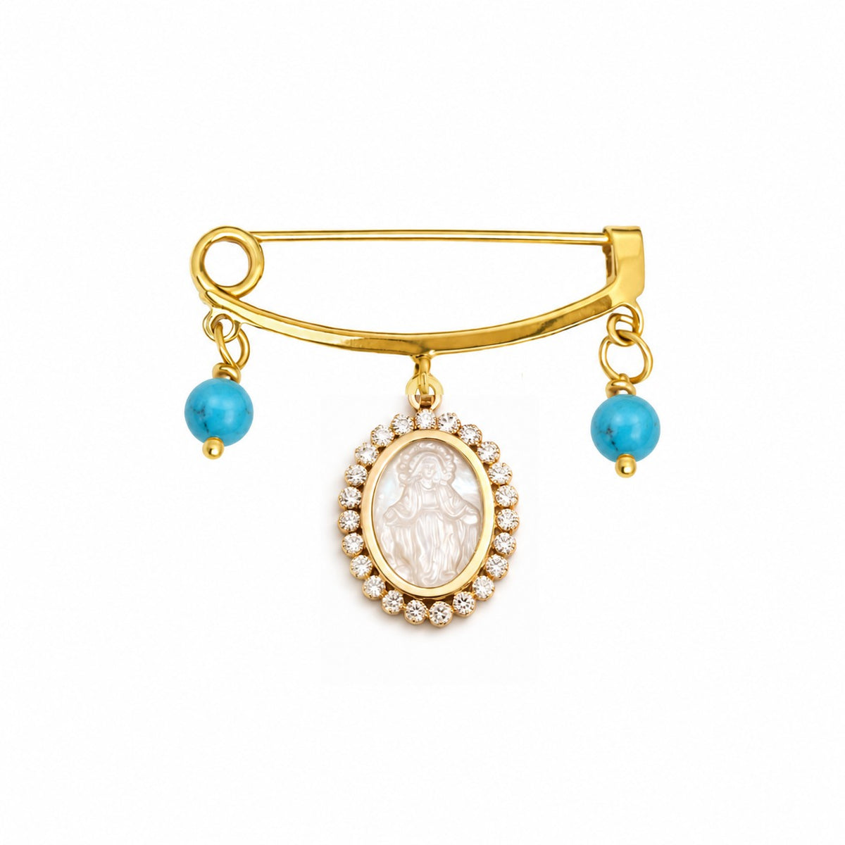 A 14k gold safety pin brooch featuring a central oval pendant with a white (mother of pearl) Miraculous Medal religious figure surrounded by small cubic zirconia stones, and two dangling turquoise-blue beads on either side.
