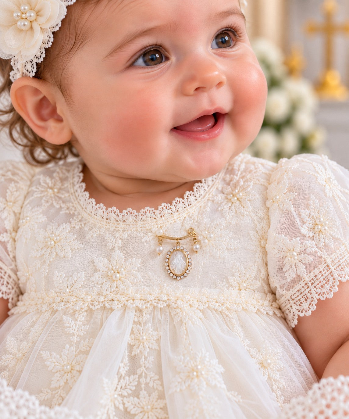 A close-up of a smiling baby wearing an ivory lace dress with floral embroidery, a pearl  mother of Miraculous Medal pendant hanging from a gold brooch at the neckline, and a matching floral headband.