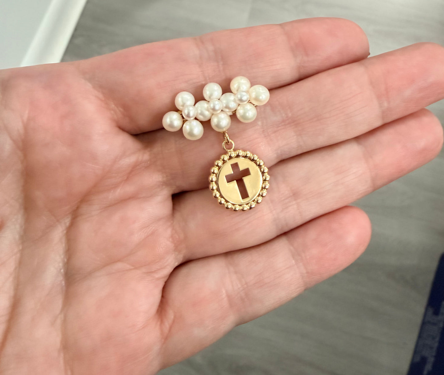 Pearl Cluster Baby Pin with Beaded Border Gold Cross Medal