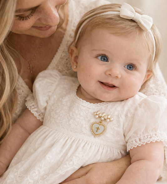 Pearl Cluster Baby Pin with Cubic Zirconia Mother of Pearl Heart Cross Medal